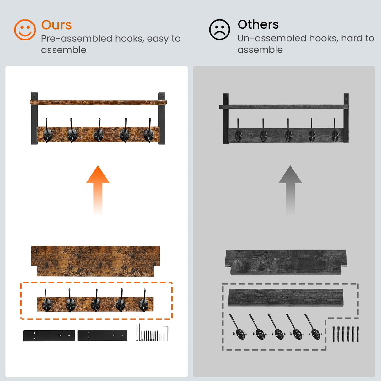 Homode Wall Hooks with Shelf, Wood Coat Rack with Shelf Wall-Mounted, Entryway Hanging Shelf with 5 Metal Hooks for Clothes Hats Towel Purse Robes, Bathroom Mudroom Bedroom, Rustic Brown Black Homode