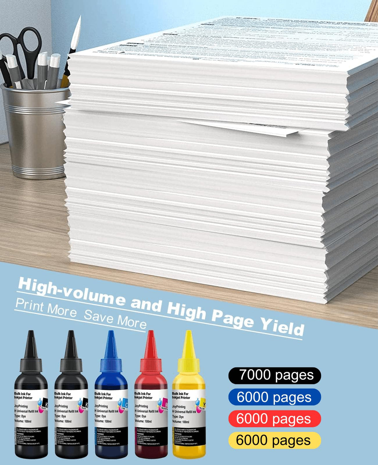 JoyPrinting Ink Refill Kit for HP Printer Cartridges HP 67 60 61 62 63 65 950 951 952 962 920 901 902 932 933 934 940 Refillable Ink Cartridges CISS System (5 x 100ml, Black, Cyan, Magenta, Yellow) JoyPrinting