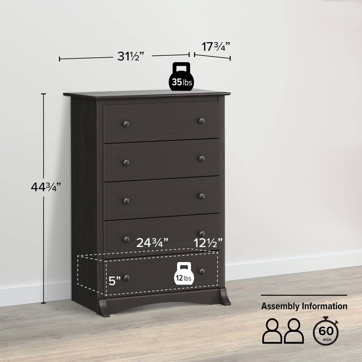 Prepac Sonoma Traditional 5-Drawer Tall Dresser for Bedroom, Functional Bedroom Dresser Chest of Drawers 17.75" D x 31.5" W x 44.75" H, Washed Black, HDC-3345 Prepac