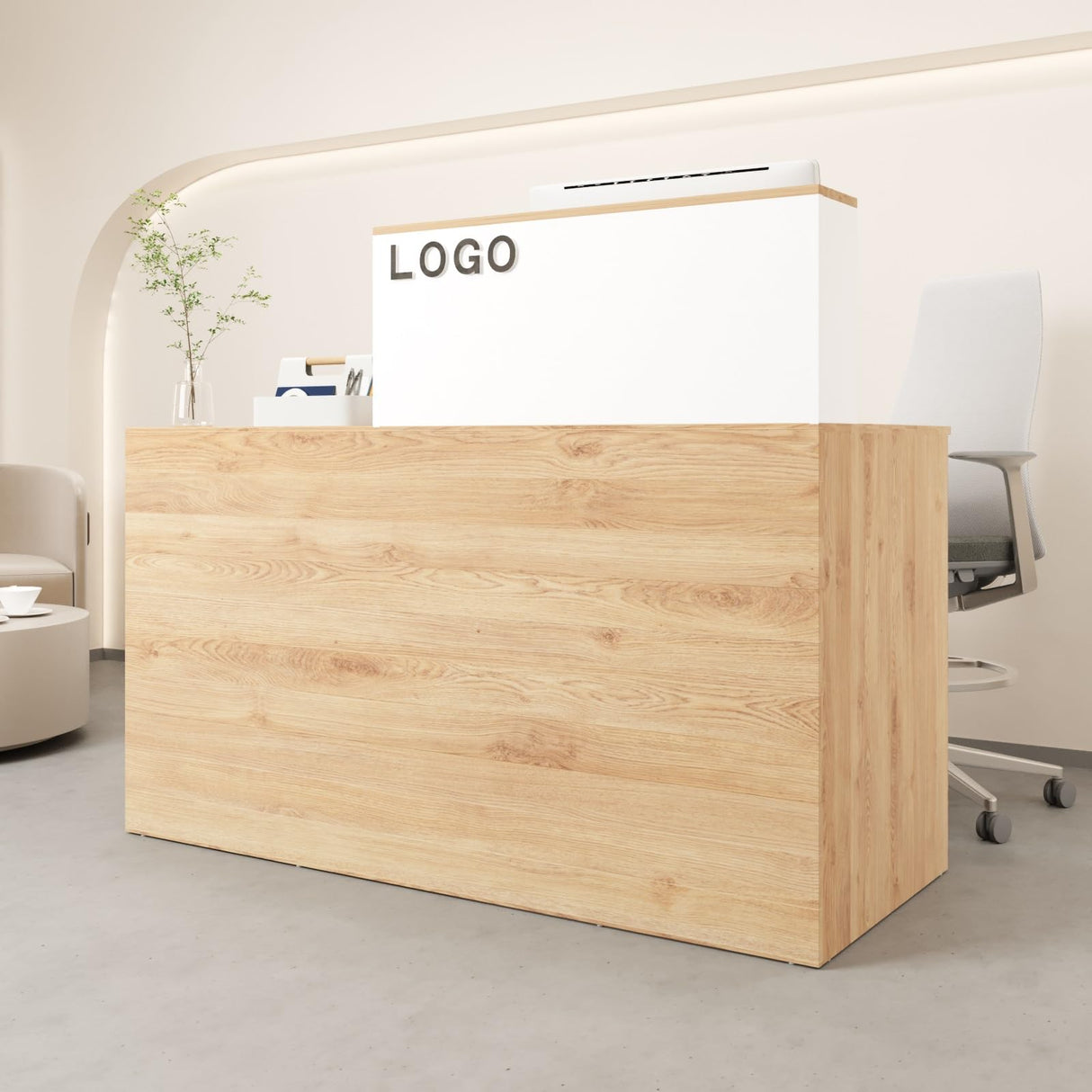 TUSY Modern Reception Desk with Storage Drawers, 55.1" Office Counter with Power Outlets, Contrast Color Secretary Table, Front Desks for Salon, Lobby – White (55.1" W x 23.6" D x 43.3" H) TUSY