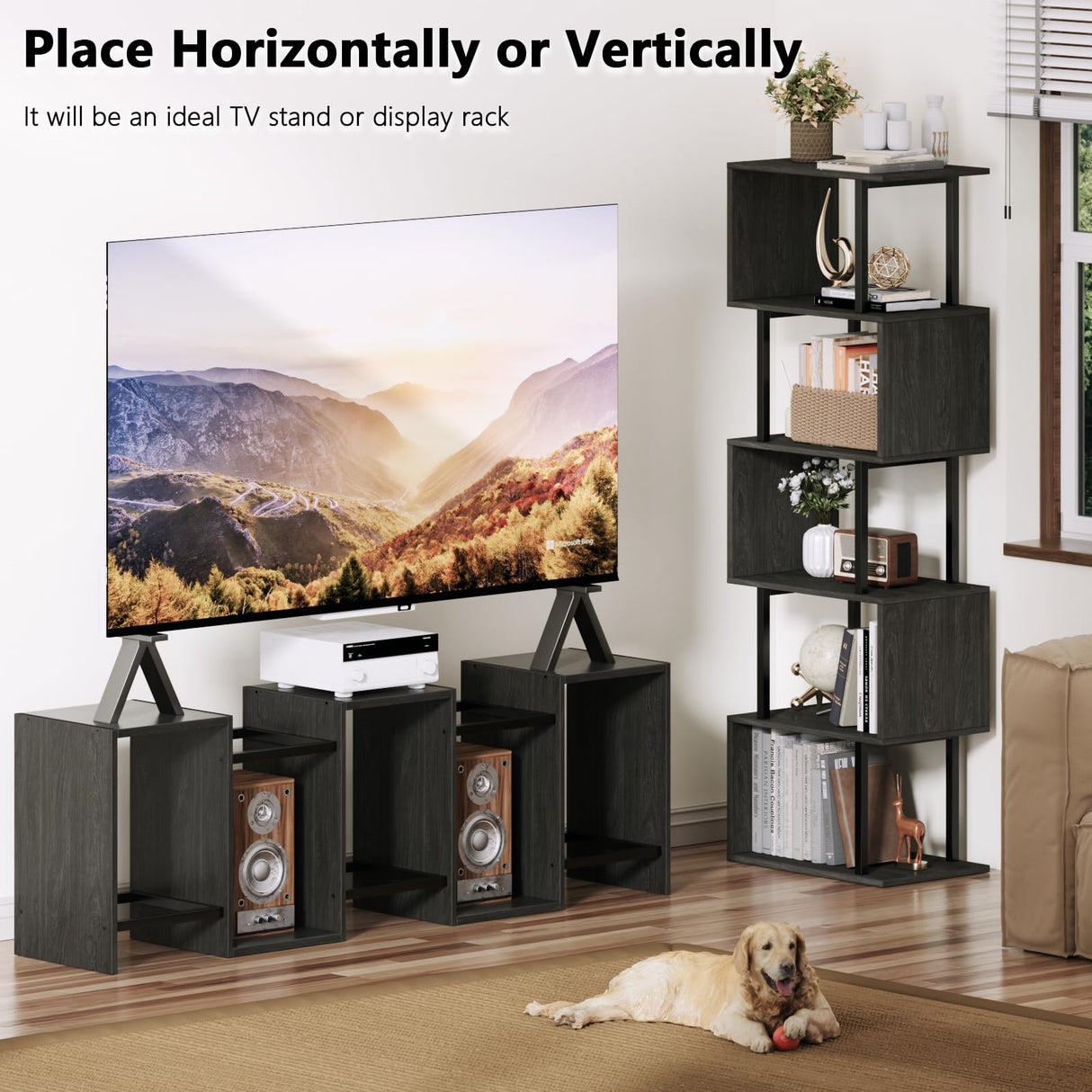 Furologee 6-Tier S-Shaped Geometric Bookshelf in Light Black Oak - Tall Industrial Display and Storage Shelf Furologee