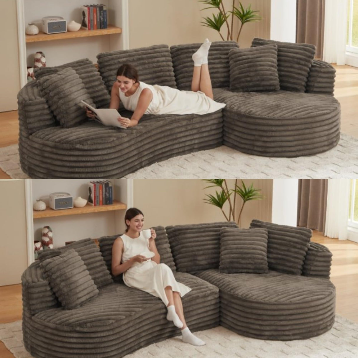 Trygoal Modern Curved L-Shape Sectional Sofa, Luxury Oversized Upholstered Sofa with Deep Seat, Comfy Sleeper Couch with Left Chaise Lounge, Boneless Cloud Curved Couch for Living Room, Cream Trygoal