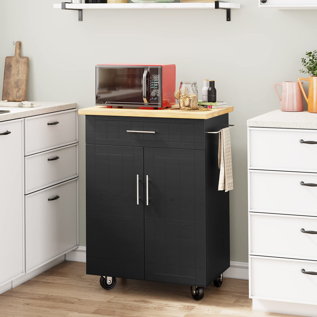 Shintenchi Kitchen Island Cart with Storage,Rolling Kitchen Island Side Table on Wheels with Worktop,Single Door Storage Cabinet and Drawer for Kitchen,Dinning Room, Black Shintenchi