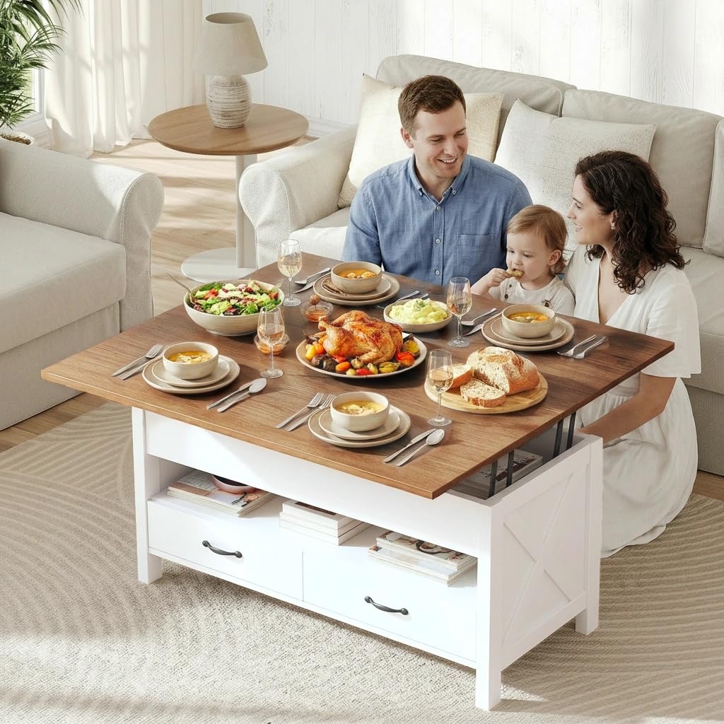 Amada Lift Top Coffee Table with Storage, Farmhouse Wood Coffee Table with Hidden Compartment, One Open Shelf and Two Drawers, Center Table for Living Room and Home Office, Brown & White AMADA HOMEFURNISHING