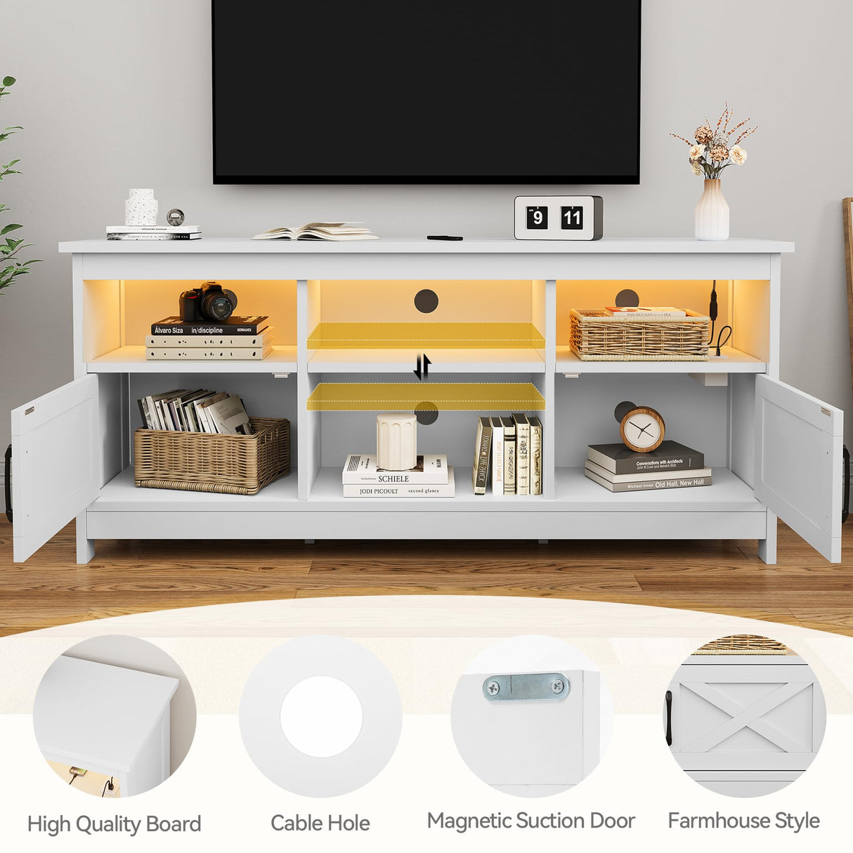 DWVO Farmhouse TV Stand for TVs Up to 65 Inch, Entertainment Centre with LED Light, TV Table with Power Outlet, TV Console for Living Room Bedroom, 59 Inches White DWVO
