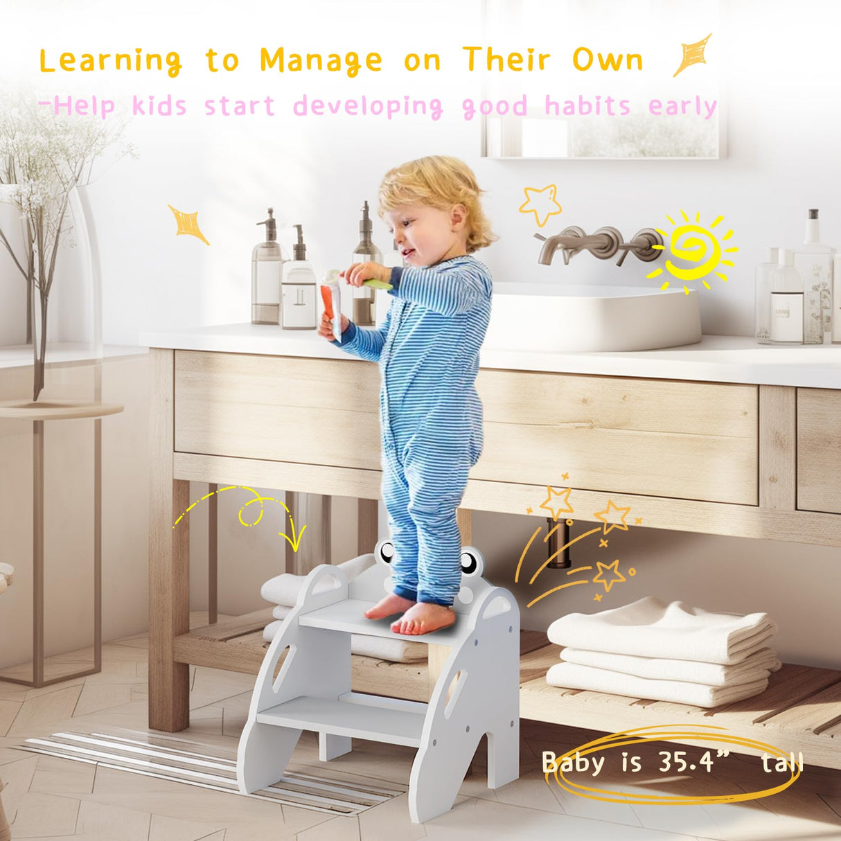 Ndahjahd Wooden Toddler Step Stool for Bathroom Sink,2 Step Stool for Kids,Kitchen Standing Tower,Children Learning Helper Stool with Safety Handles,Cute Kids Step Stool for Potty Training,Gray Ndahjahd