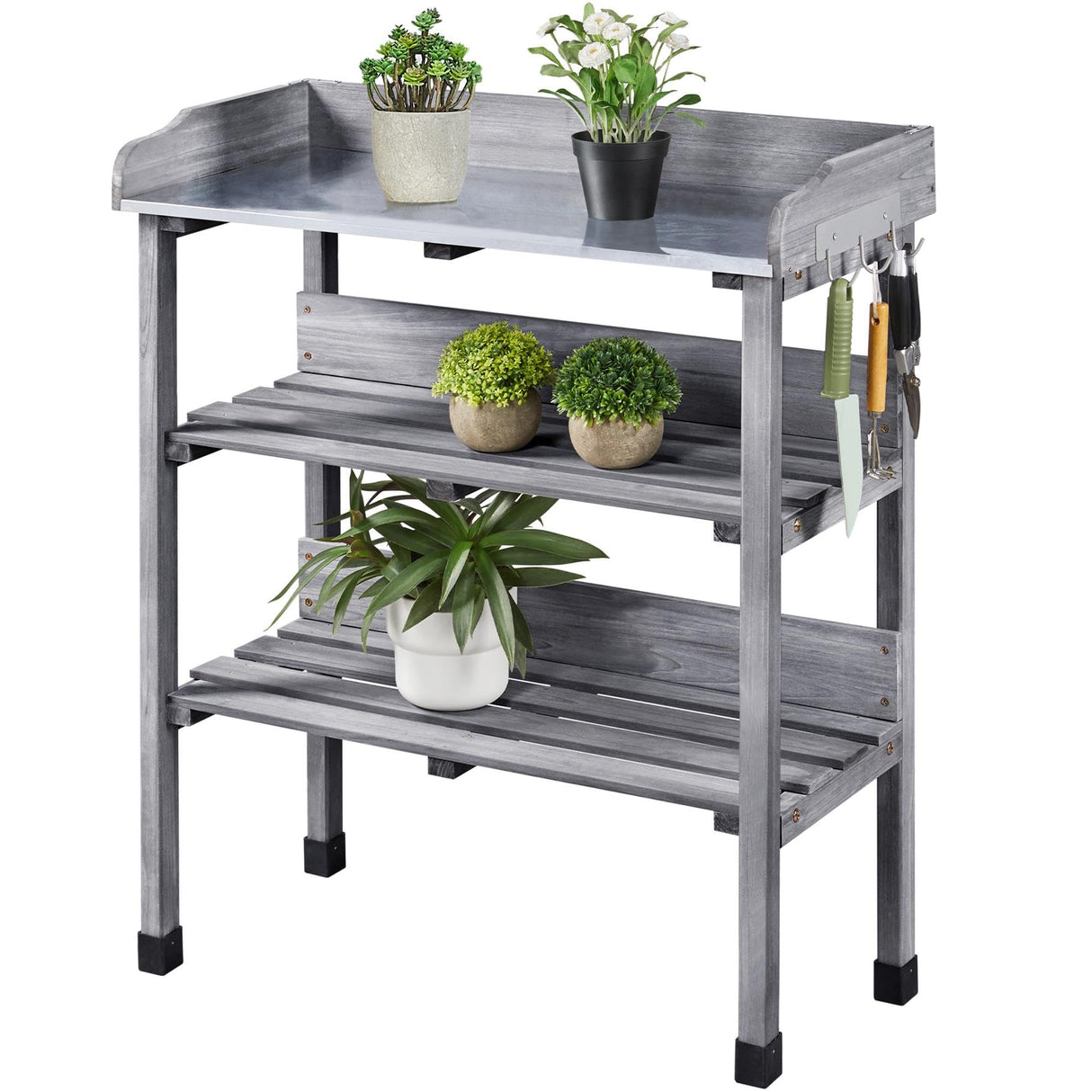 Yaheetech Garden Potting Table Horticulture Potting Bench w/Storage Shelf W/Metal Tabletop w/Hook 3 Shelves Workstation Work Benches Station, Gray Yaheetech