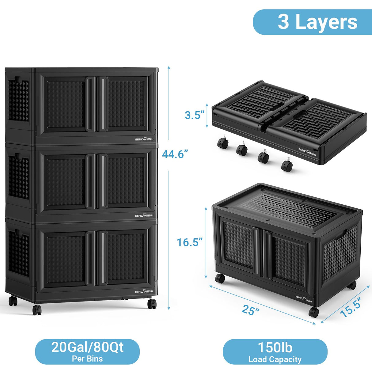 BROVIEW 240Qt Stackable Storage Bins with Lids, 60Gal Plastic Collapsible Storage Bins with Doors and Wheels, Closet Organizers and Storage, Black Folding Storage Cabinet for Home Garage, 3 Pack Cube BROVIEW
