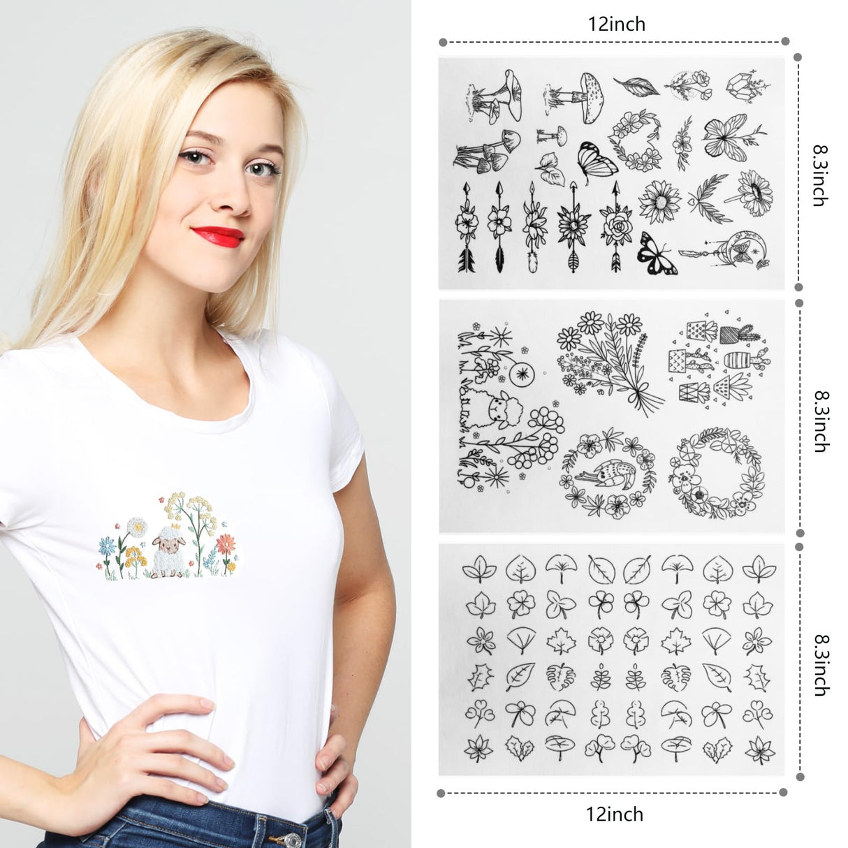 75 Pcs Stick and Stitch Embroidery Paper Designs 3 Sheets A4 Water Soluble Stabilizer for Embroidery Patterns Adhesive Embroidery Transfer Paper with Pre-Printed Flower Leave Butterfly for Hand Sewing KEIFIN