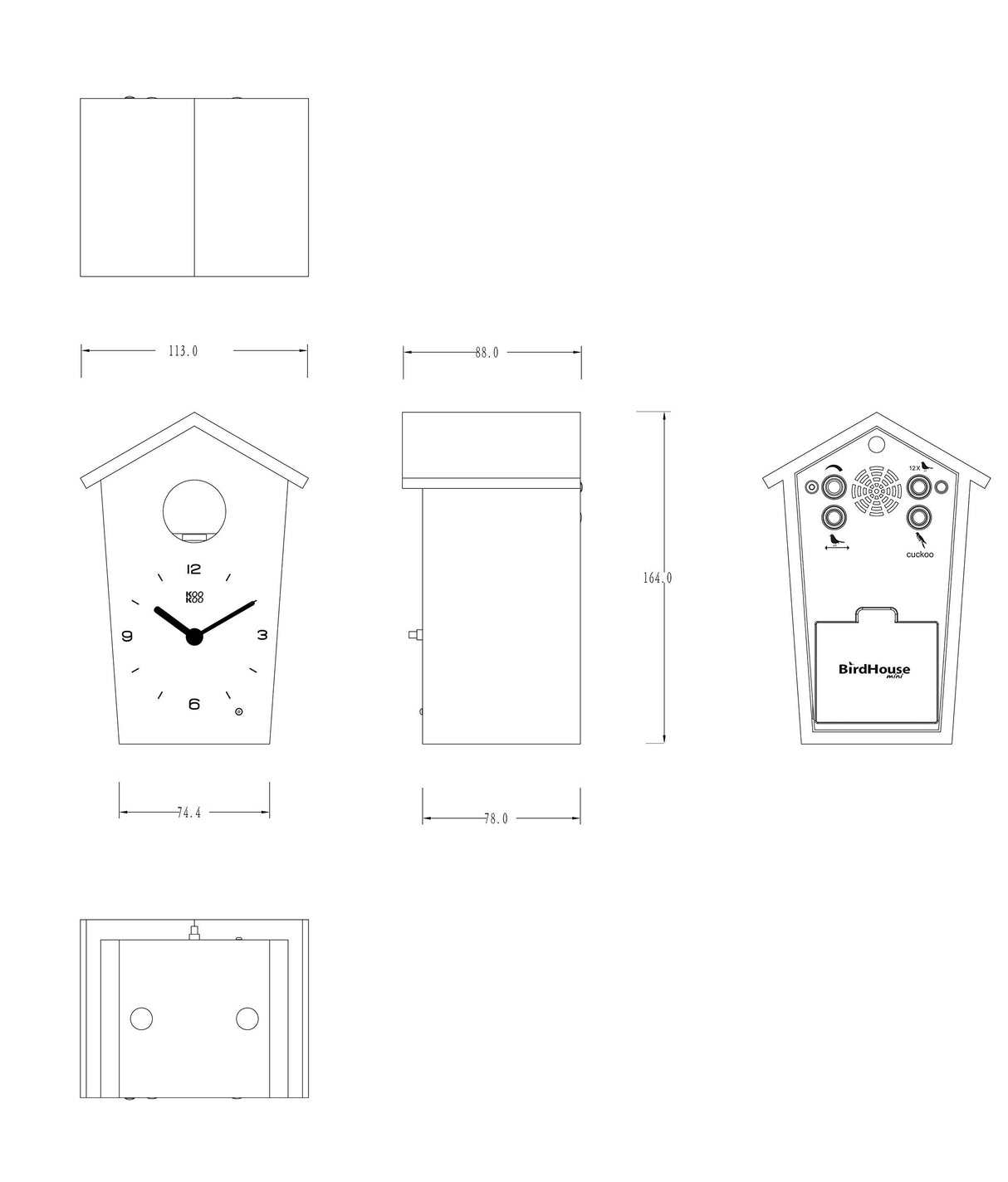 KOOKOO Birdhouse Mini Black, Tiny Modern Cuckoo Clock with 12 Natural Bird Songs or Cuckoo Call KOOKOO