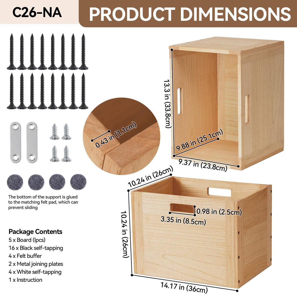 KIRIGEN Stackable Wood Storage Cube /Basket/ Bins Organizer for Home Books Clothes Toy Modular Open Cubby Storage System - Office Cubical Bookcase Closet Shelves C26-NA KIRIGEN