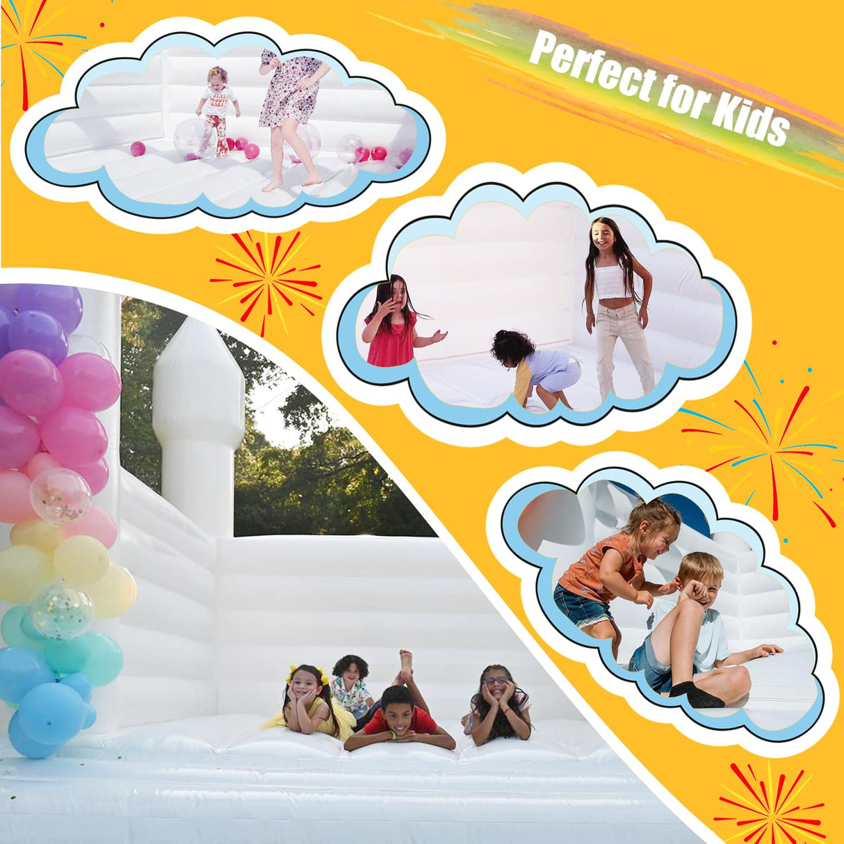 Inflatable White Bounce House Castle, 13x13x10ft Large Jumper PVC Bouncy House with Blower for Toddler Kids and Adults Indoor or Outdoor Wedding Birthday Party ZAFIED