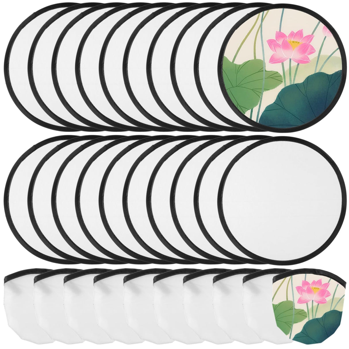 50 PCS White Foldable Flying Disc Fans, DIY Fabric Fans with Pouches, Sublimation Blank DIY Folding Fan Set, 9.6 Inches DIY Handheld Round Fabric Fan for Summer Days, Parties, Outdoor Activities TIMCORR