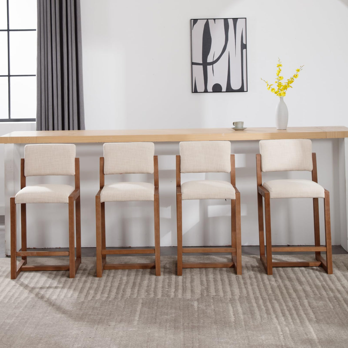 LukeAlon Linen Counter Stools Set of 4, Farmhouse Upholstered 26" Seat Height Counter Height Bar Stools with Wood Legs Open Back for Home Pub Kitchen, Beige LukeAlon
