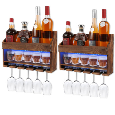TIRYIUOU 2 Pack Wall Mounted Wine Rack, Wood LED Wine Glass Rack, Bar Shelf, Wine Glass Holder Wall Mounted, Floating Bar Shelves for Kitchen, Dining Room, Home Bar