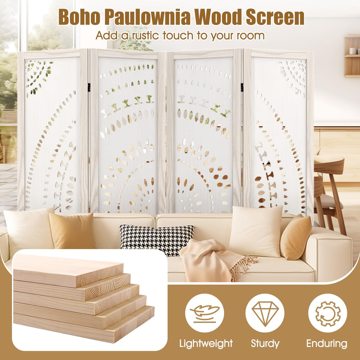 Giantex Room Divider 4 Panels - 66'' Boho Room Dividers with Carved Pattern & Solid Wood Frame, Folding Privacy Screen for Bedroom Office, Partition Wall Divider for Room Separation, Washed White Giantex