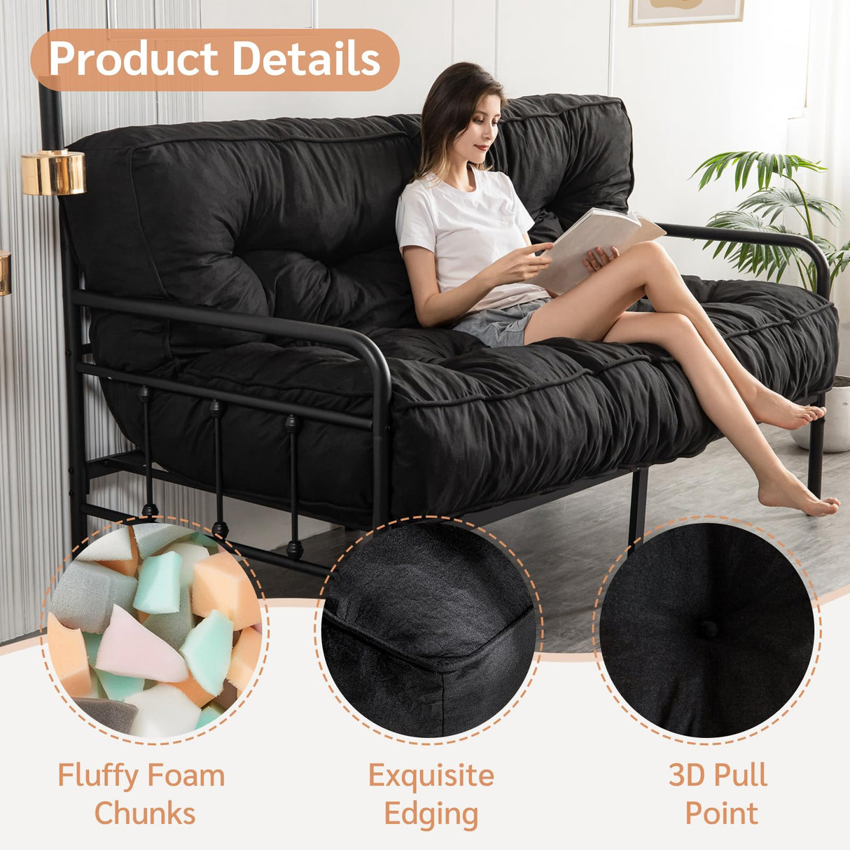 YOSHOOT 8 Inches Futon Mattress Full Size, Thick Futons Sofa Couch Bed, Floor Mattress for Adults, Shredded Foam Filling, Medium Firm(Frame Not Included), Black YOSHOOT