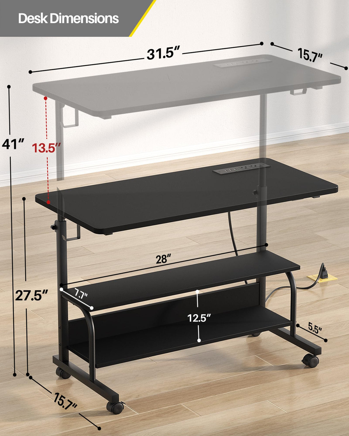 Height Adjustable Standing Desk with Power Outlets, 32" Manual Stand Up Desk with Storage Shelves Small Mobile Rolling Computer Desk Portable Laptop Table with Wheels for Home Office, Black armocity