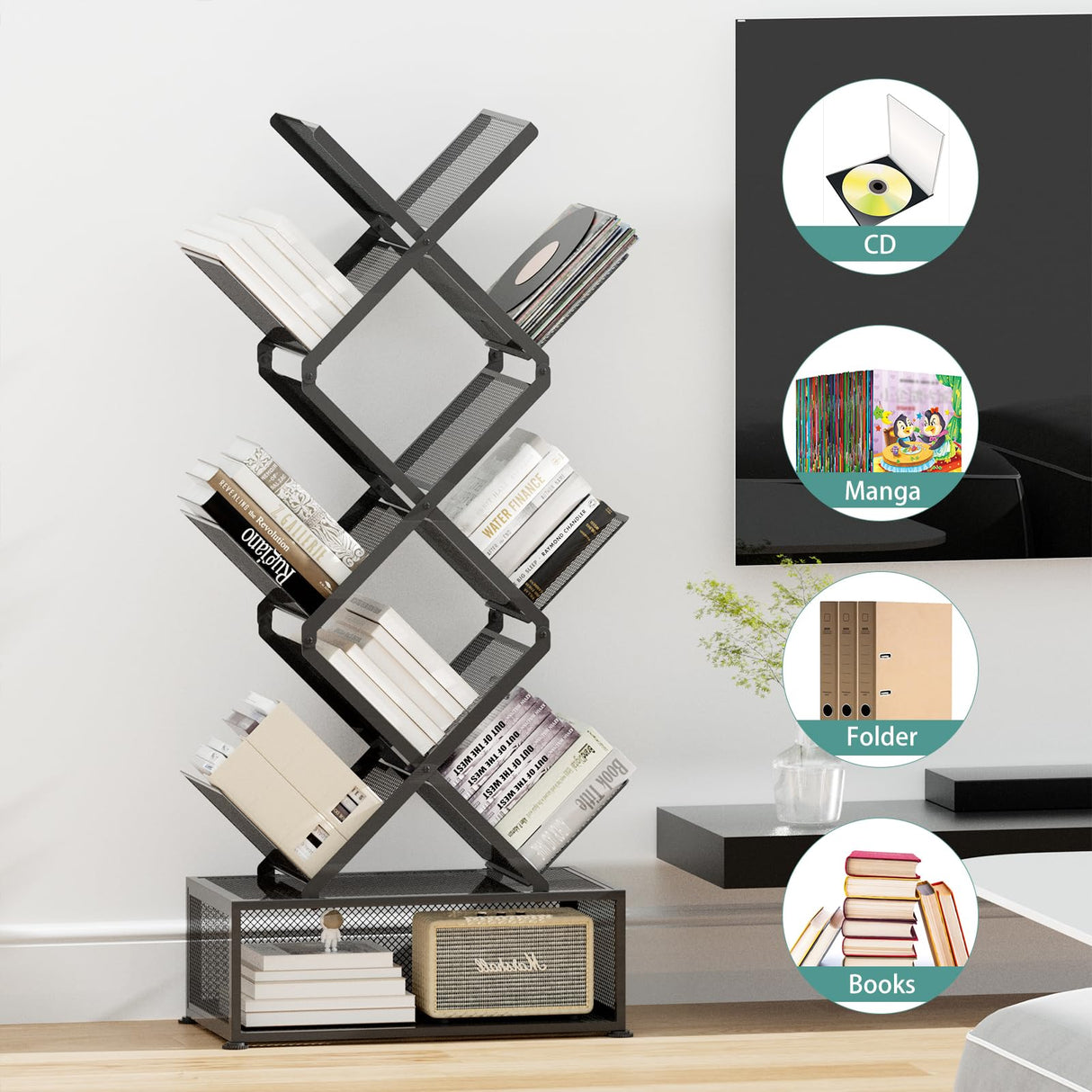HI NINGER Folding Bookshelf,9 Tier Tree Bookshelf with Storage Cabinet,Stylish Design Metal Bookshelf for Display of CDs,Books in Living Room,Home Office,Tall Floor Standing Book Organizer for Bedroom HI NINGER