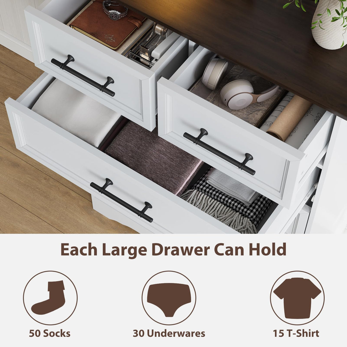 Farmhouse 6 Drawer Dresser, White Wood Chest of Drawers, 44" Tall Bedroom Storage Cabinet with Brushed Metal Handles, Closet Organizer for Bedroom, Living Room, Hallway Harpaq