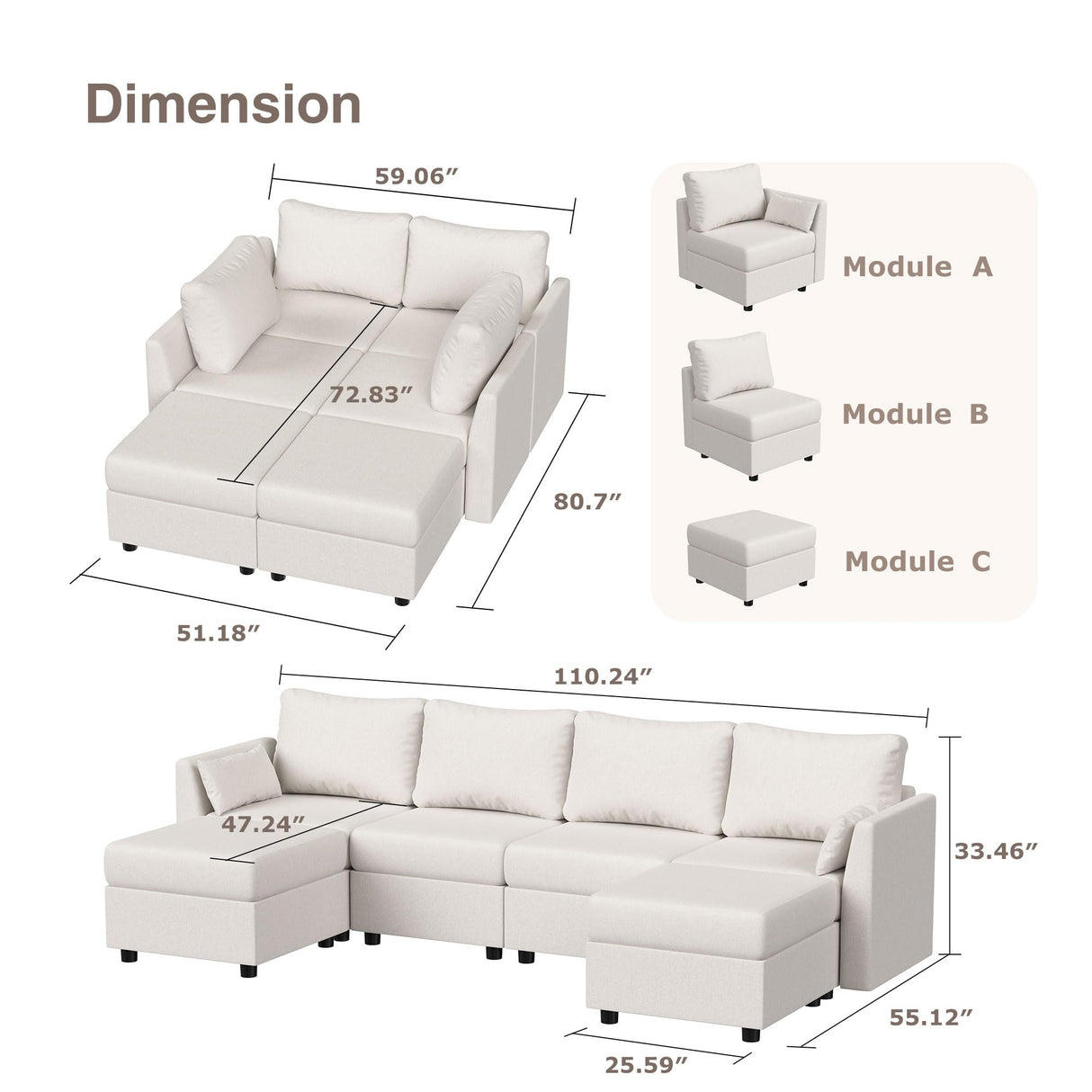 Huatean Home Modular Sectional Sofa, 6 Seat Modular Couch with Storage, Memory Foam, Convertible Sectional Couches for Living Room, U Shaped Comfy Modular Sofa with Chaise, Cream Huatean Home