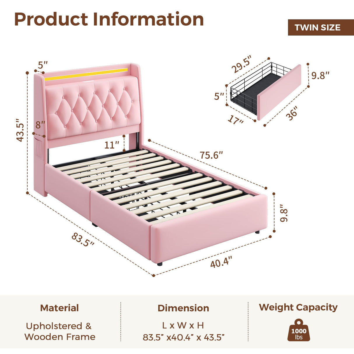 Twin LED Velvet Bed Frame with 2 Storage Drawers&Hidden Headboard, Upholstered Platform Bed with Charging Station&Button Tufted Design, Wooden Slats Support, Box Spring Optional, Easy Assembly, Pink Jocoevol