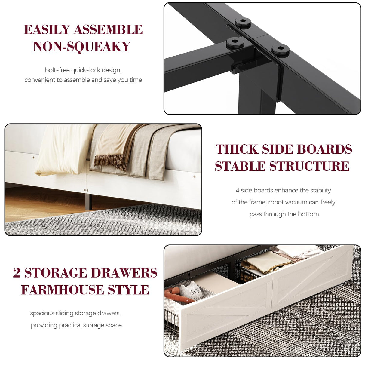 ROCHECASA White Full Size Bed Frame with Bookshelf Headboard, Charging Station, LED Lights, and Storage Drawers ROCHECASA