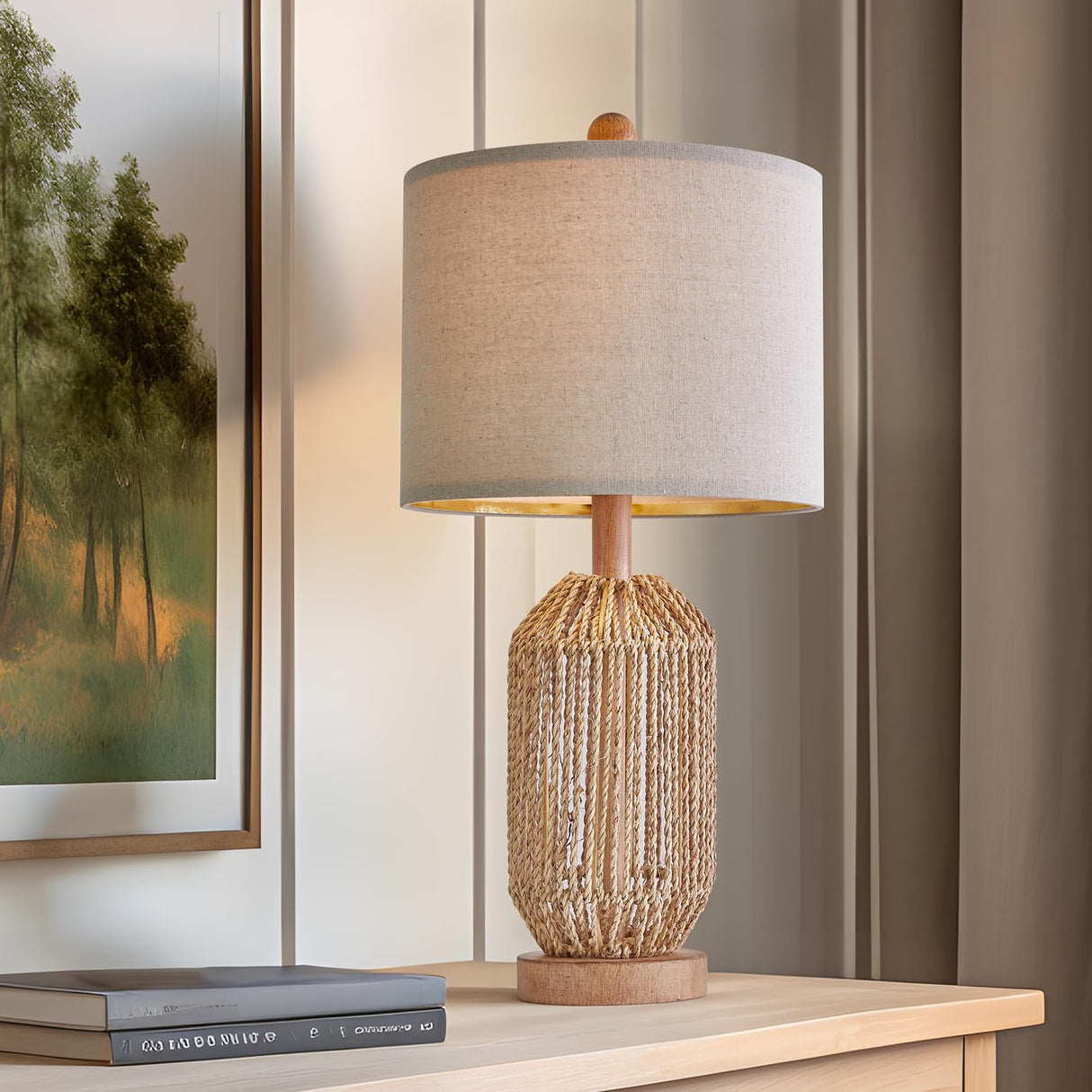 OYEARS 21" Boho Table Lamp for Living Room, Bedside Lamp for Nightstands, Rattan Lamp for Bedroom, Farmhouse Table Lamp for Room Decor, End Table, Retro, Brown, 1 Pack OYEARS