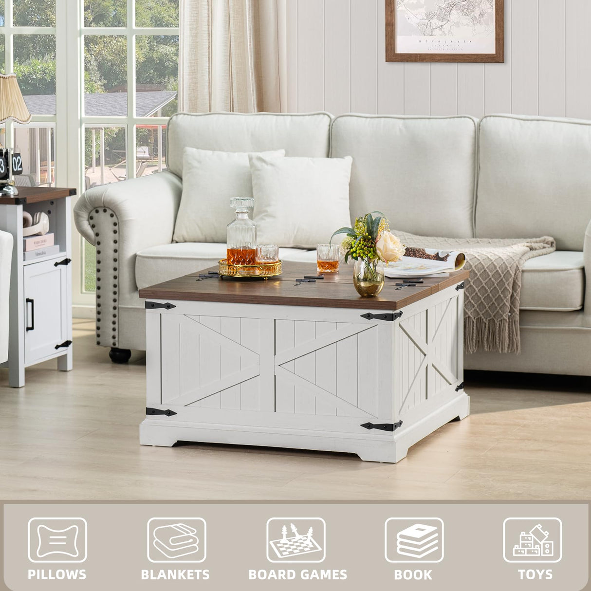 Joaxswe Farmhouse Coffee Table with Large Hidden Storage Compartment, Antique White Square Center Table, Wood Rustic Low Modern Living Room Tables with Hinged Lift Brown Top & Wooden Arc Base Joaxswe