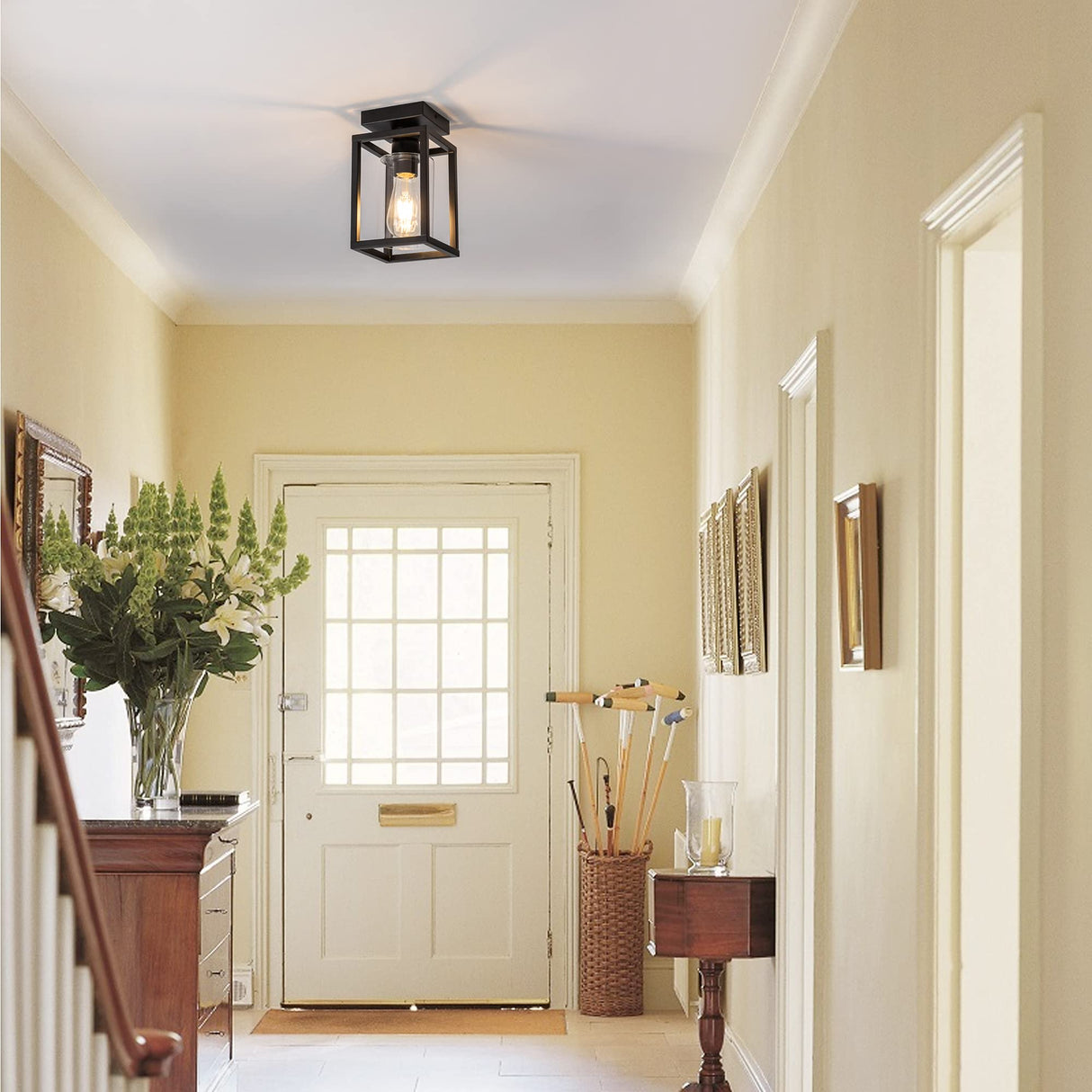 Mayful Flush Mount Ceiling Light Fixture with Clear Glass Shade, Farmhouse Black Metal Frame Light Fixture for Kitchen Island Entryway Porch Foyer Dining Room, E26 Ceramic Base Mayful