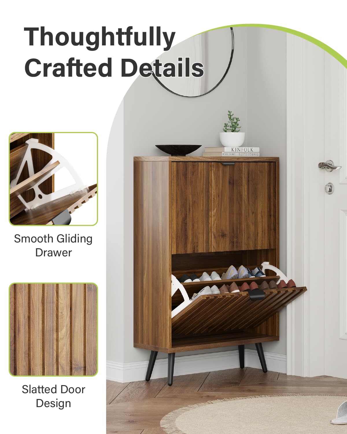 Smart FENDEE Shoe Cabinet, Slim Fluted Shoe Cabinet Storage for Entryway, Walnut Hidden Shoe Cabinet with Metal Legs and Flip Doors Smart FENDEE