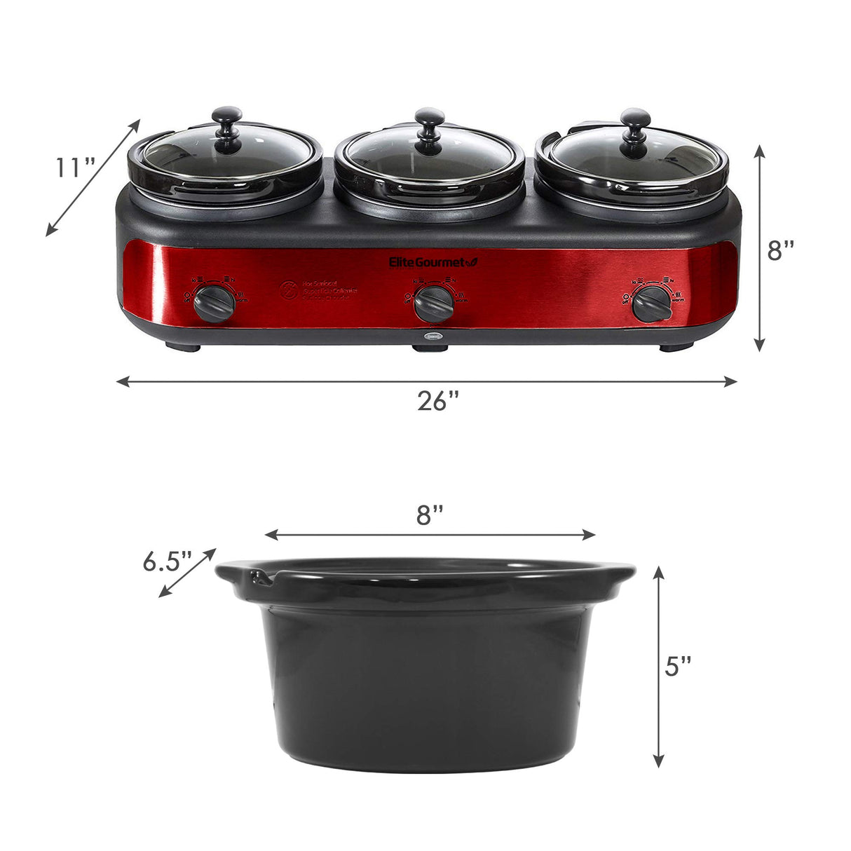 Elite Gourmet EWMST-325R Maxi-Matic Triple Slow Cooker Buffet Server Adjustable Temp Dishwasher-Safe Oval Ceramic Pots, Lid Rests, 3 x 2.5 Qt Capacity, Red Elite Gourmet