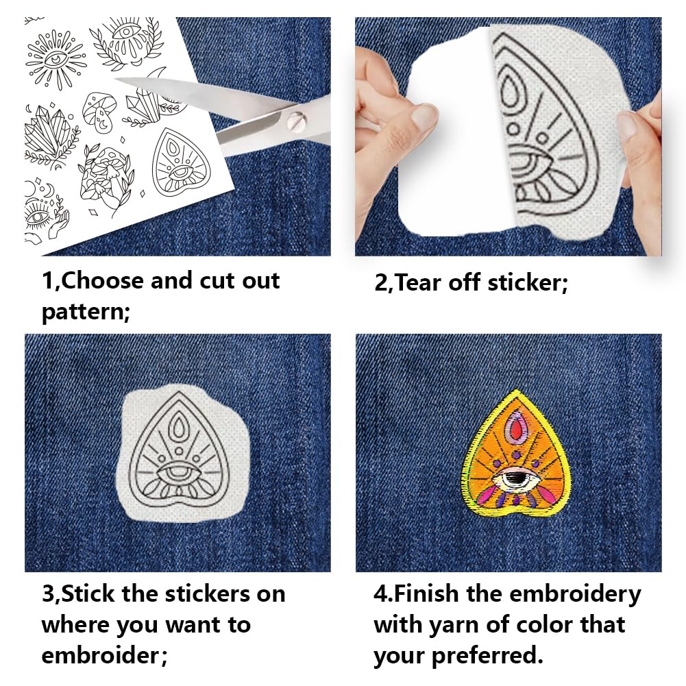 BENECREAT 4Sheets 63Pcs Water Soluble Embroidery, 11.7x8.3inch Devil's Eye Pattern Transfers Water Soluble Stabilizer for Embroidery Stick and Stitch Embroidery Designs BENECREAT