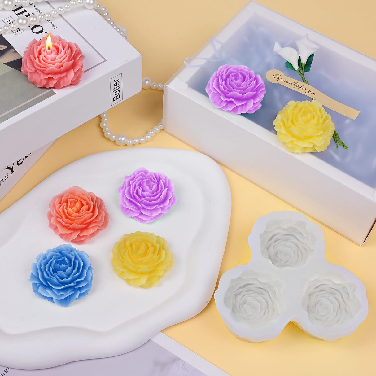 ZQYSING Peony Candle Mold for Candle Making, 3 Cavity Flower Silicone Molds for Epoxy Resin Wax Soap Clay Plaster Tealight Candles Crafts Casting Home Décor Handmade Gifts ZQYSING