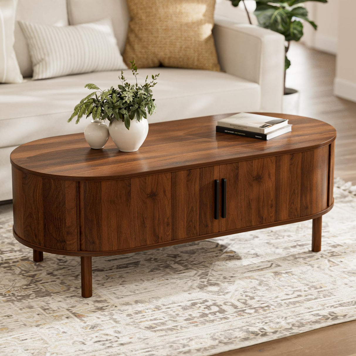 ZttRiee Coffee Table for Living Room, Modern Oval Coffee Table with Cabinets & Sliding Doors, Home Small Space, 47.2" Fluted Center Table, Walnut ZttRiee