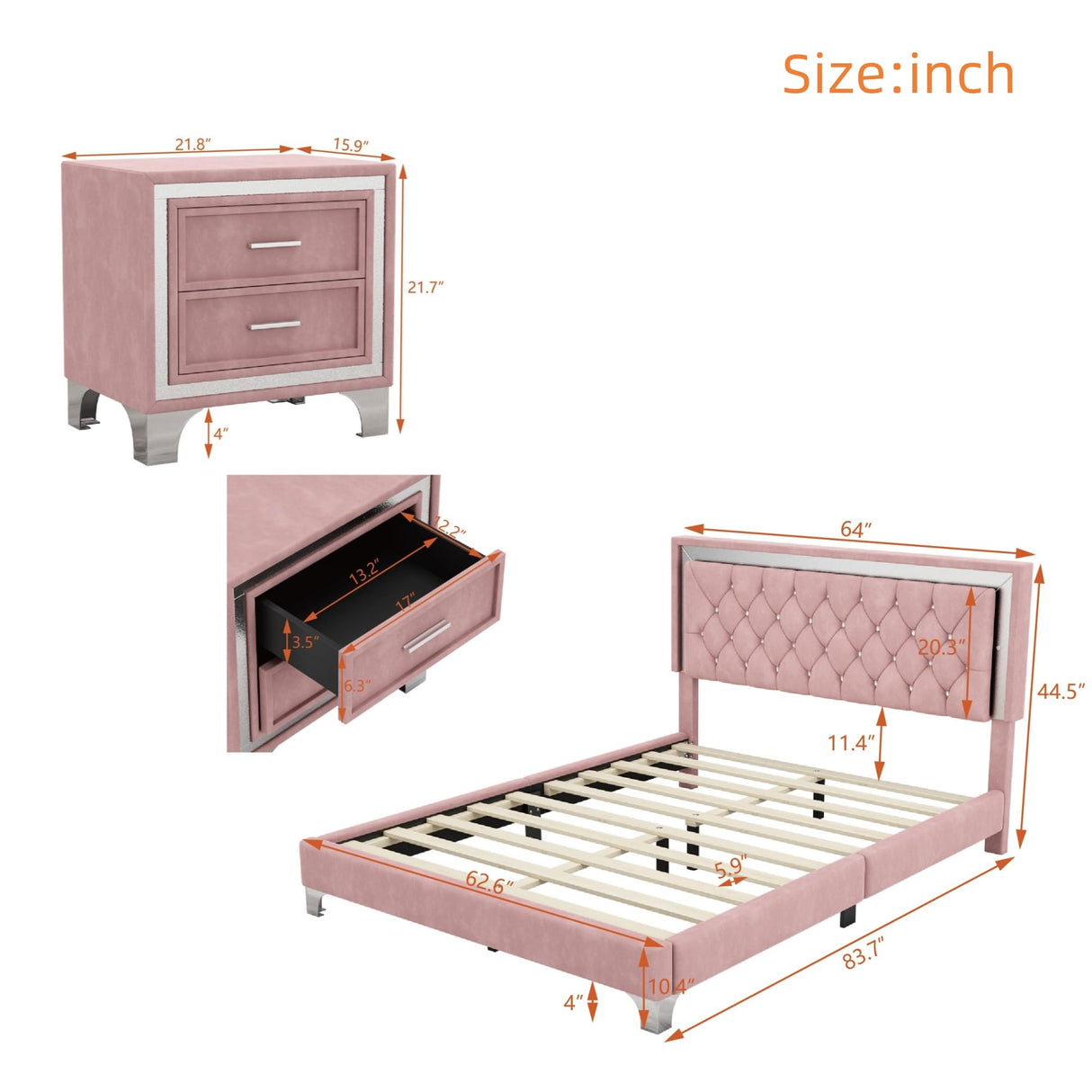 Flieks 3-Piece Pink Bedroom Set with Queen Upholstered Platform Bed and LED Lights, Including 2 Nightstands Flieks