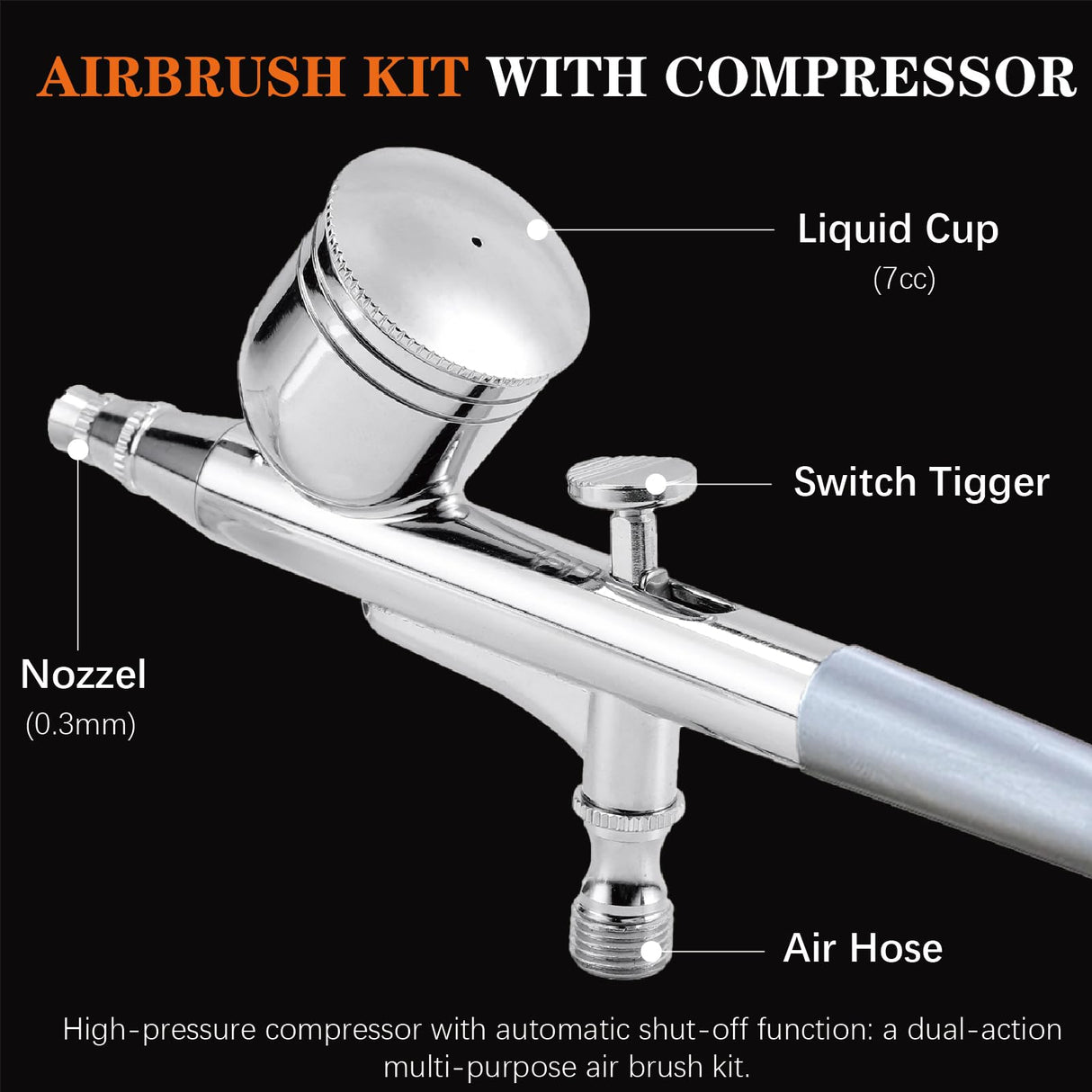 Orcair Air Brush Kit with Compressor,40PSI High Pressure Compressor with Auto Stop,Dual Action Multi-Function Airbrush Compressor with Cleaning Kit for Painting,Craft Model,Nail Art,Makeup,Tattoo Orcair