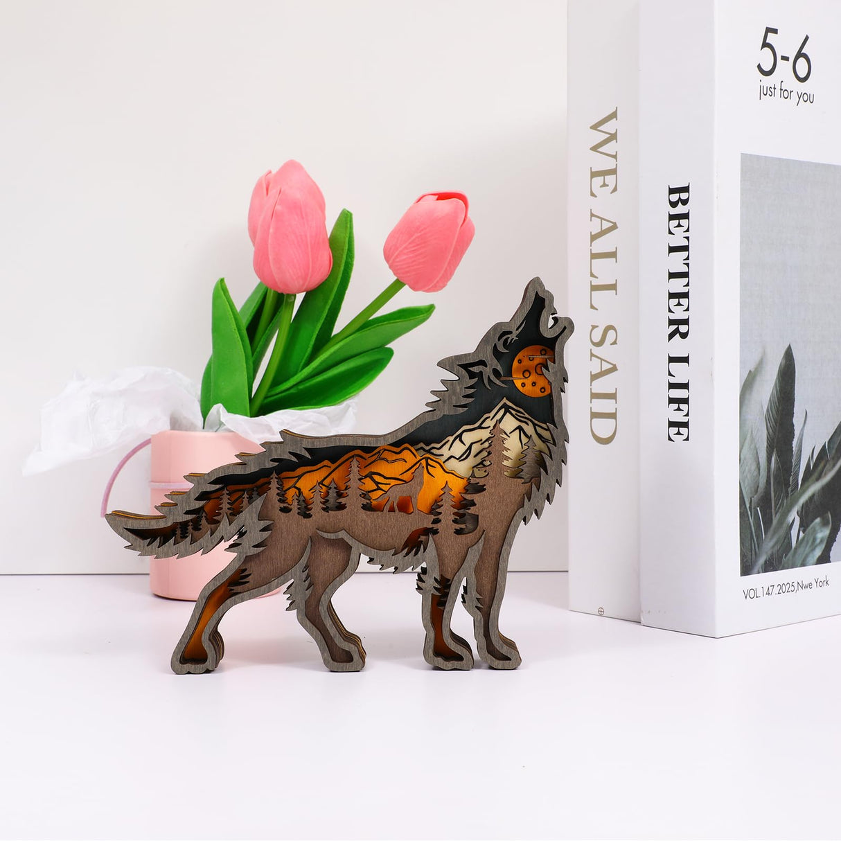 Drawelry 3D Wooden Animals Carving, Wood Carving Animals Wall Decor, Modern Festival Forest Sculpture Christmas Living Room Office Decor Birthday Gifts for Friend Daughter Son Mom Dad (Wolf) Drawelry