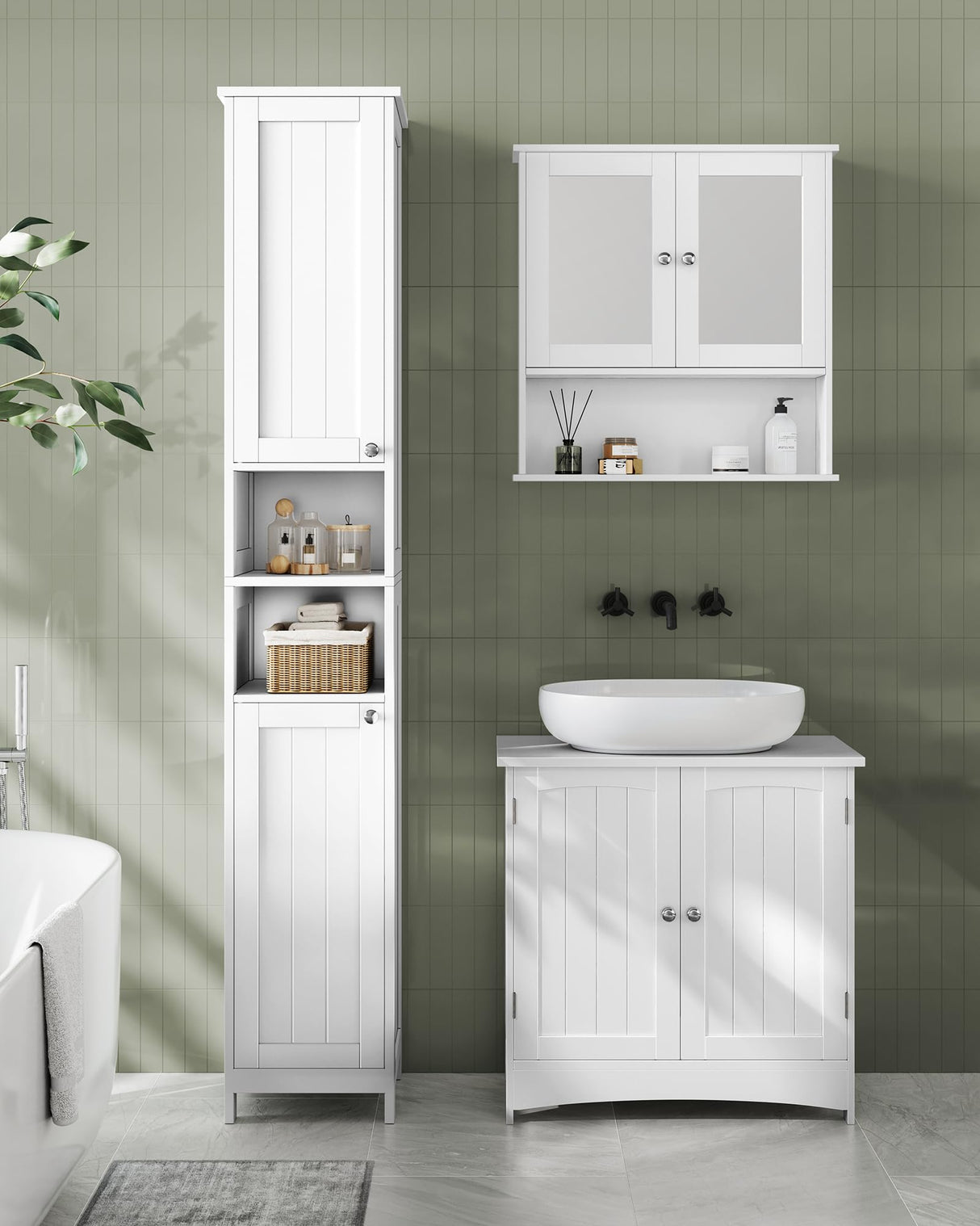 VASAGLE Tall Bathroom Cabinet with Lights, Slim Freestanding Bathroom Storage Cabinet, with Adjustable Shelves, Narrow for Small Spaces, Modern, 11.8 Inches Wide, Cloud White UBBC566W02 VASAGLE