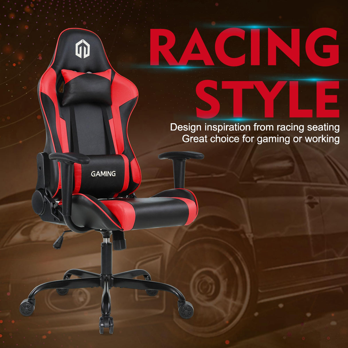 GOTMINSI Computer Gaming Chair with Headrest and Lumbar Cushion, Ergonomic Gaming Chair Office Chair 290lbs for Adults, Video Game Chairs Racing Chair High Back Leather Adjustable, (BK/Red) GOTMINSI