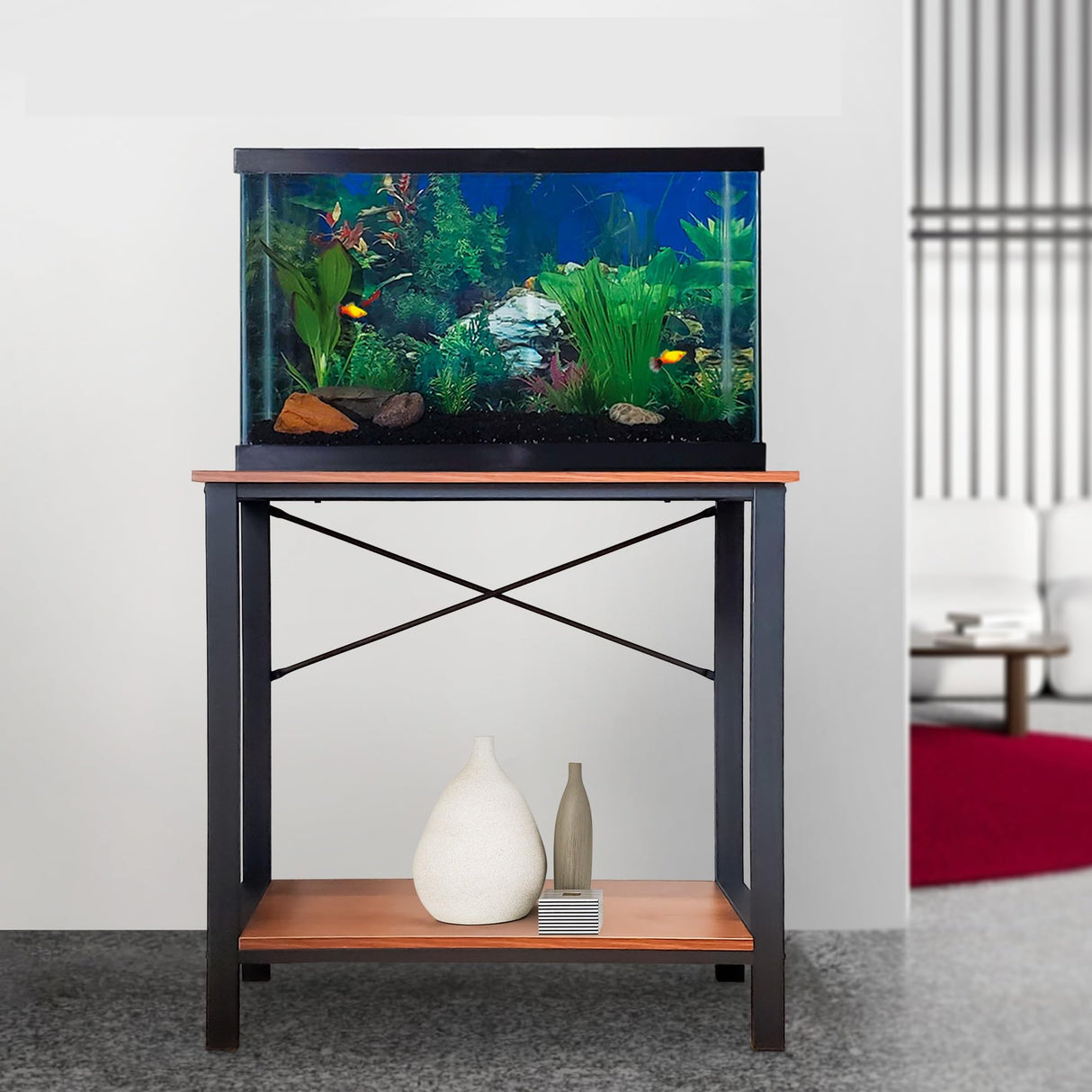 20 Gallon fish tank stand. 10 gallon aquarium Stand. Great fish tank stand for up to 20 gallons. Aquarium table by Fionomenal - Black Metal Mahogany Top Finomenal