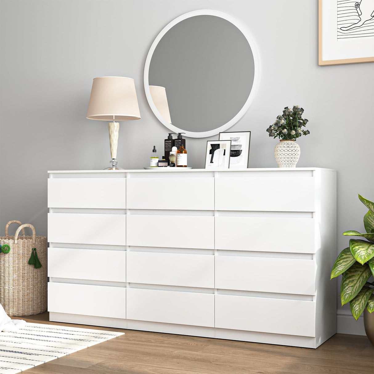 Vibe & Dine White Dresser 12 Drawer, Modern Long Dresser for Bedroom, Wood Chest of Drawers with Wide Storage for Living Room Vibe & Dine