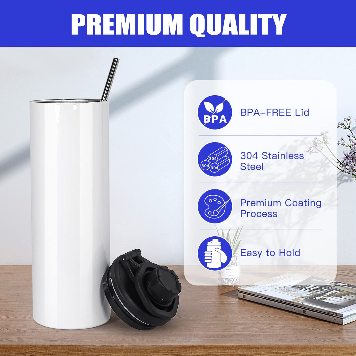 FECBK 8 Pack Sublimation Water Bottle Blanks 20 oz Sublimation Sports Water Bottle with Handle Stainless Steel Sublimation Tumbler Blanks with Lids and Straws, Individually Box, White, Diy Gift FECBK