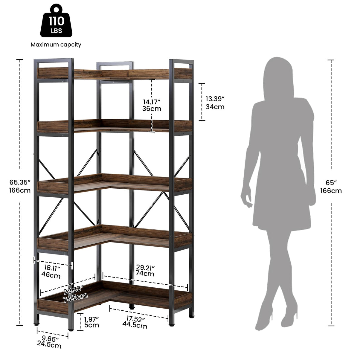 GRUSIGN 5-Tier Corner Bookshelf - Modern Tall Corner Bookcase with Sturdy Metal Frame, Large Storage L Shaped Bookshelf for Living Room/Home Office/Bedroom, Space-Saving Design, Rustic Brown GRUSIGN