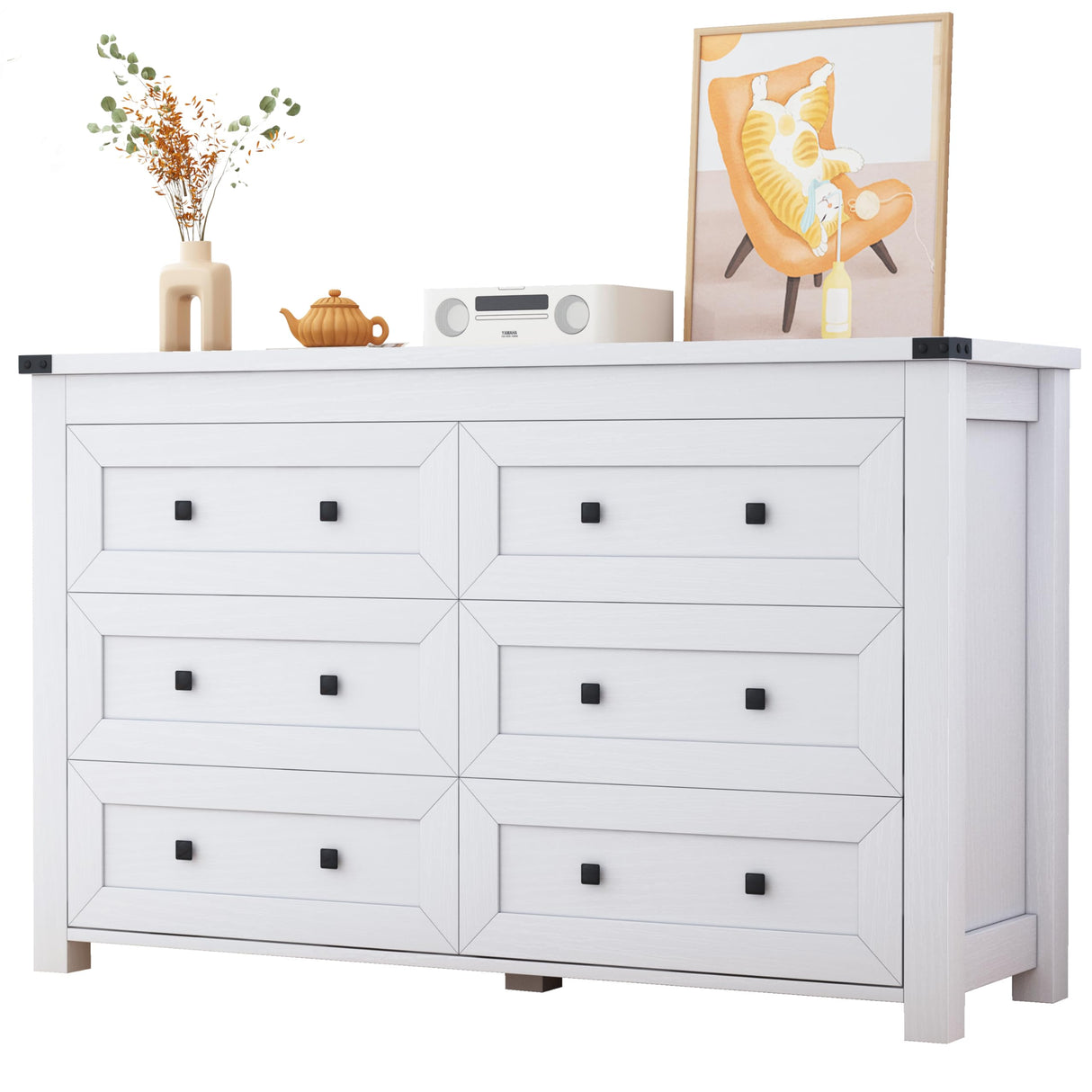 Dresser for Bedroom with 6 Drawers, Farmhouse Wood Chest of Drawers, Wide TV Stand Closet Storage Furniture with Metal Handle, Modern Clothes Organizer for Hallway, Living Room, Entryway, White Xixini