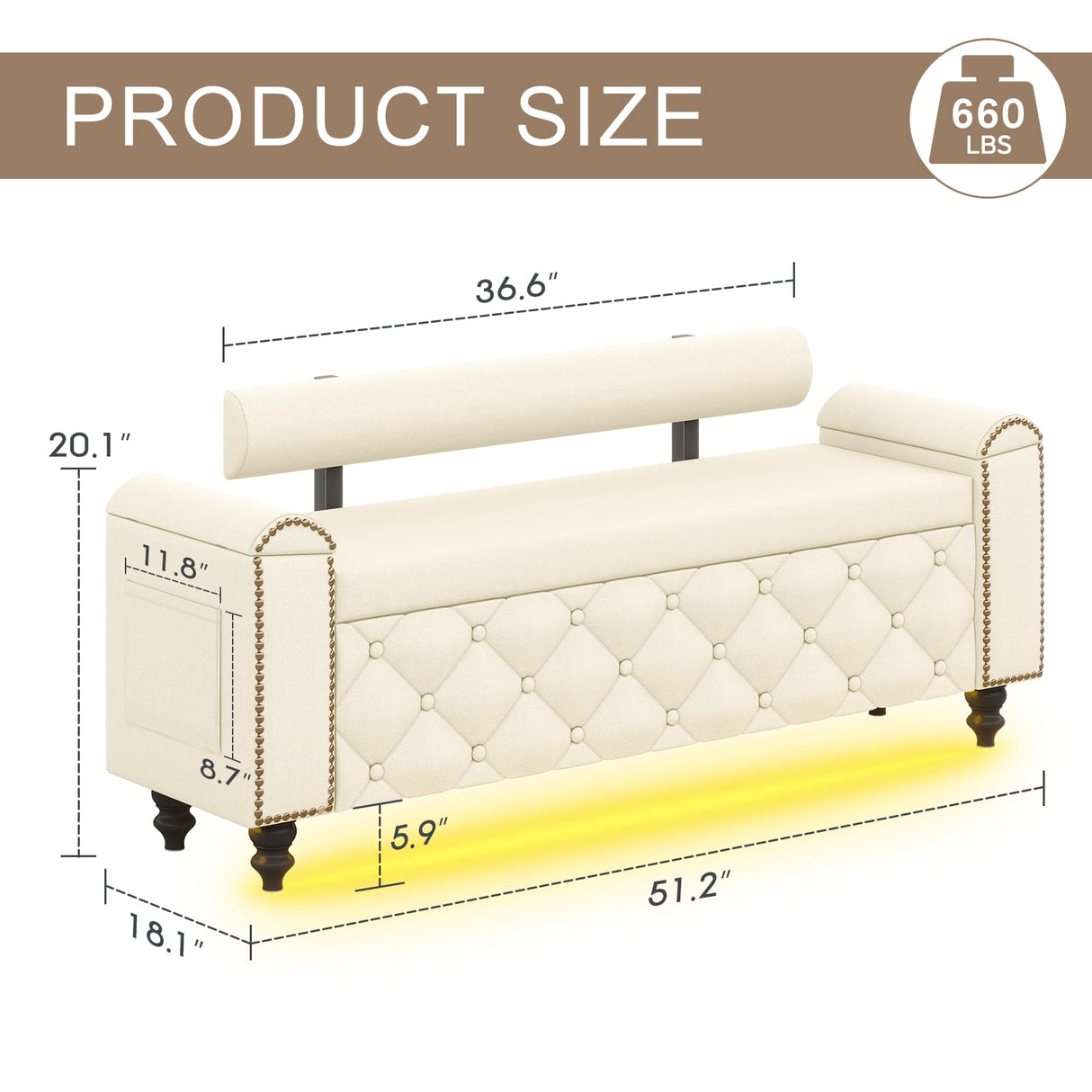 51" Ottoman with Storage, Storage Ottoman Bench with Upholstered Backrest, Tufted Entryway Bench with Curved Arm Support, End of Bed Bench with LED Lights, Storage Bench for Bedroom,Living Room,Beige Tagafi