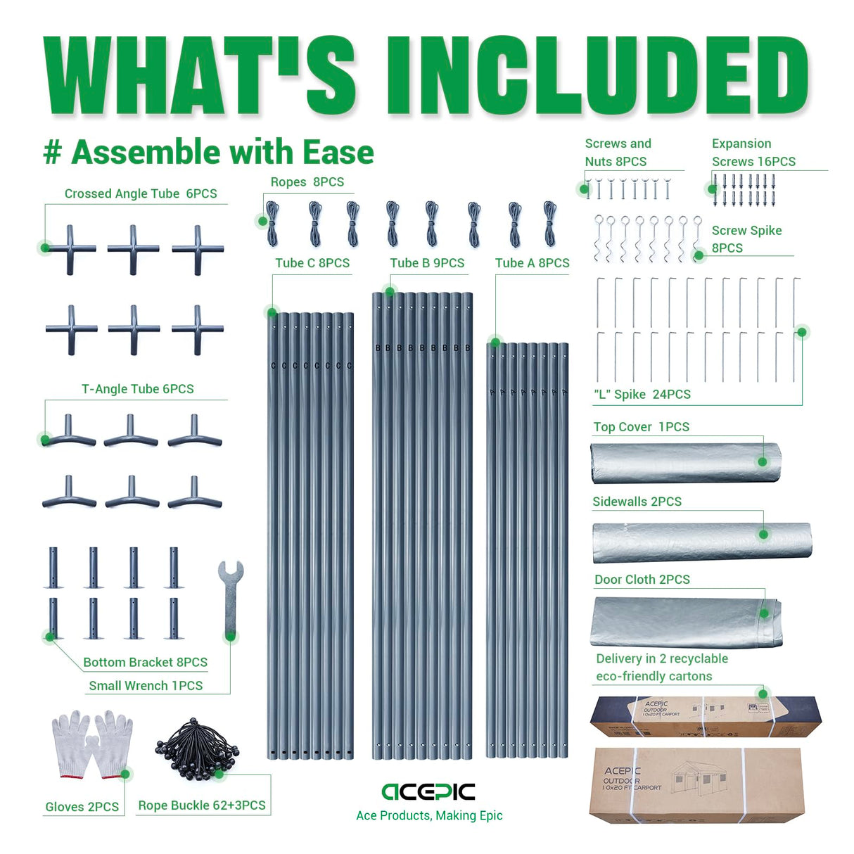 Acepic Carport 10x20ft Heavy Duty Carport Features Roll-up Windows & Doors, Portable Garage with UV Resistant Waterproof All-Season Tarp for Car, Truck, Boat Acepic