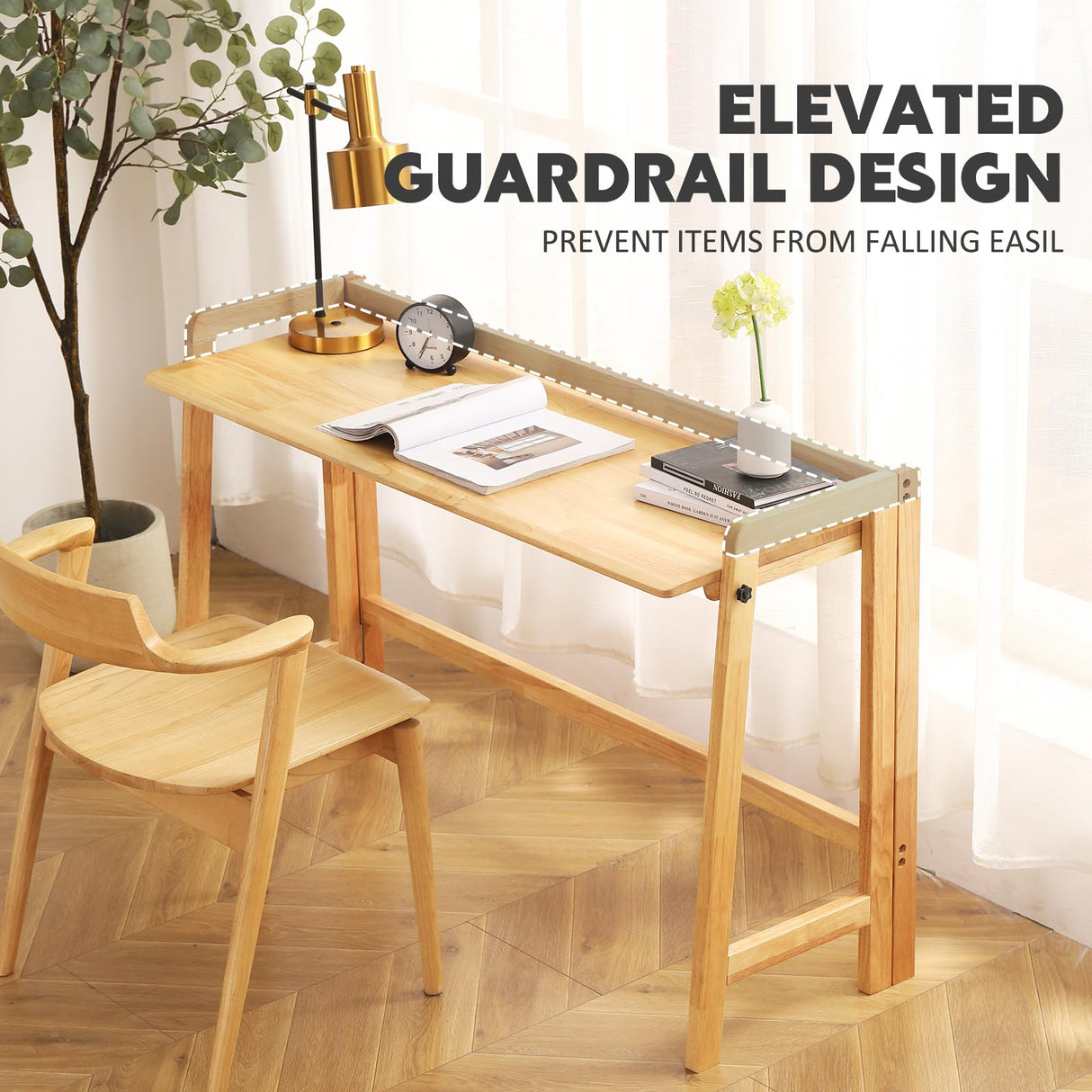 Solid Wood Folding Desk Mid Century Modern Desk, 47'' Foldable Writing Computer Desk for Home Office, Simple Study Makeup Workstation, Wooden Study Office Desk Table for Small Spaces, Natural Color Fetuero