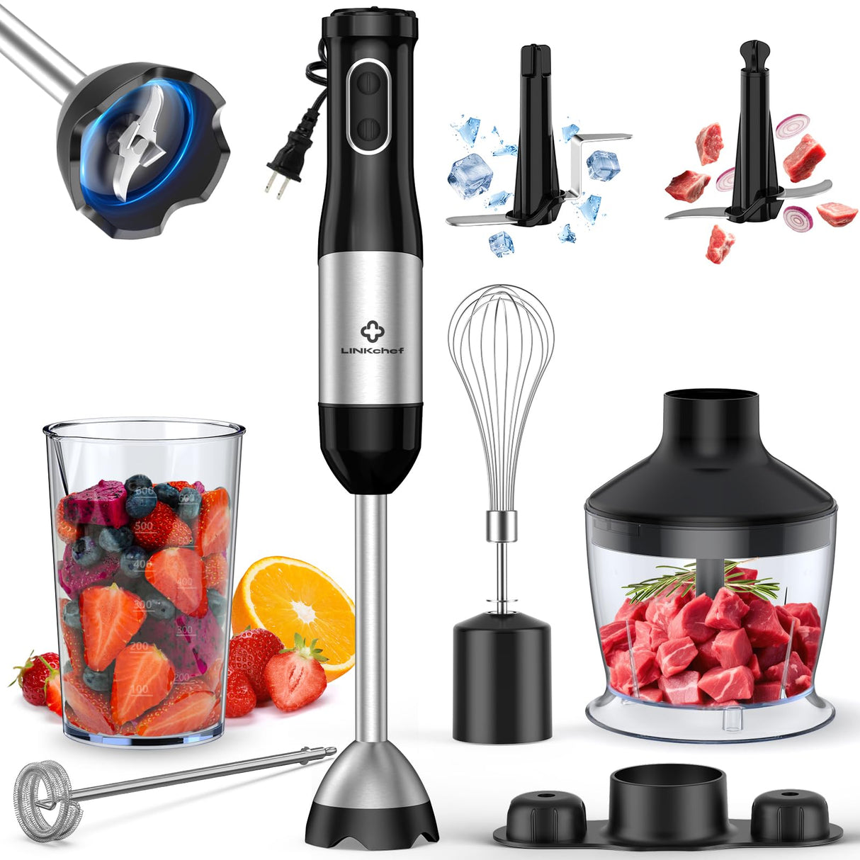LINKChef 7 in 1 Immersion Blender Scratch Resistant, 2 Titanium Steel Blades 800W Hand Blender, 20 Speed and Turbo Mode Stick Blender Immersion with Whisk, Milk Frother, Food Processor, Beaker LINKChef