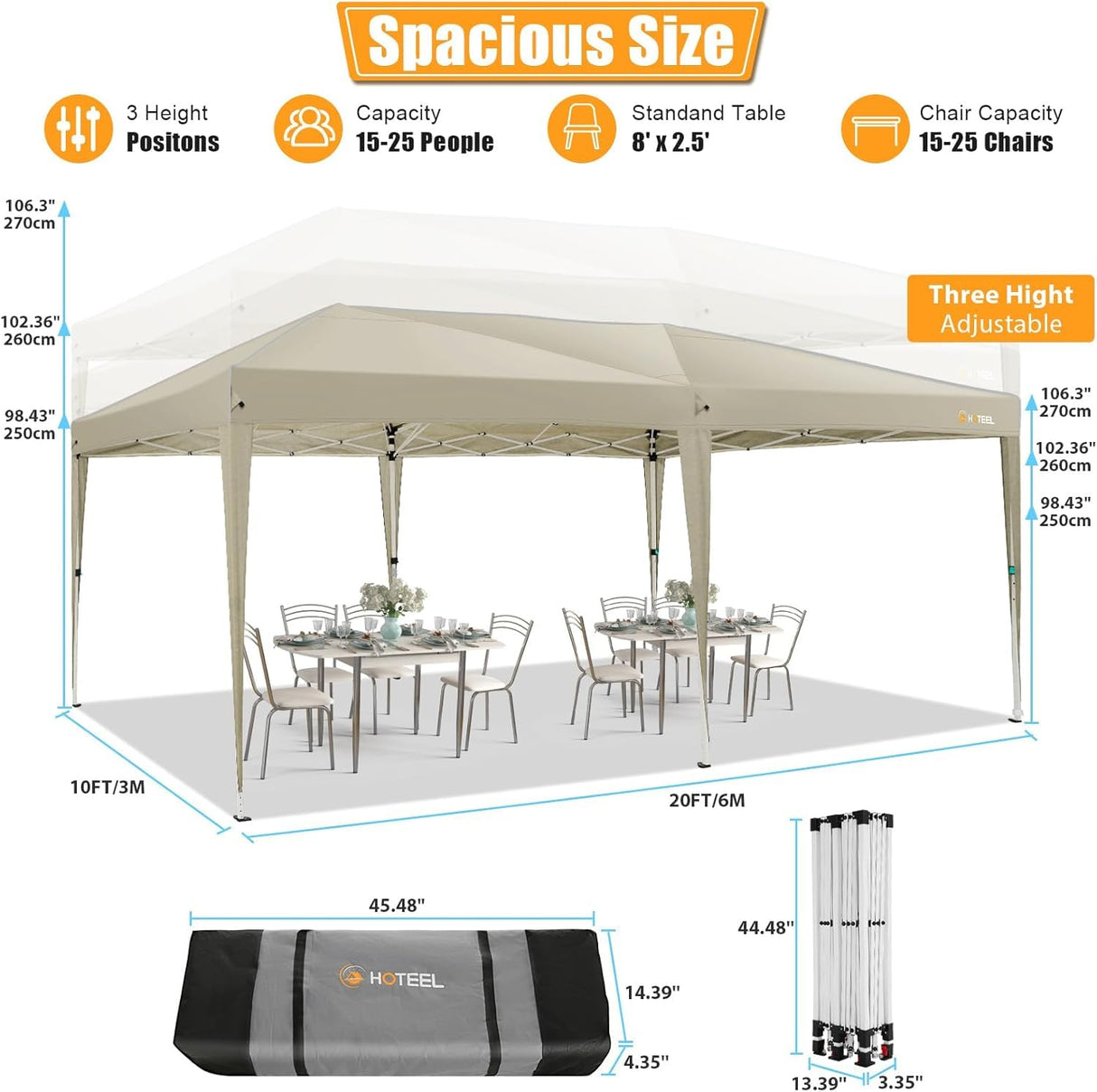 HOTEEL 10x20 Pop Up Canopy Tents for Parties, Outdoor Tent with 6 Sidewalls & 8 Wind-Resistant Rods & Carry Bag, Easy Setup for Patio Events, Wedding, Commercial, Waterproof and UV50+ Protection,Khaki Hoteel